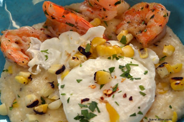 #EatSWLA: Authentic Sweet Corn Grits with Sautéed Gulf Shrimp and Poached Eggs