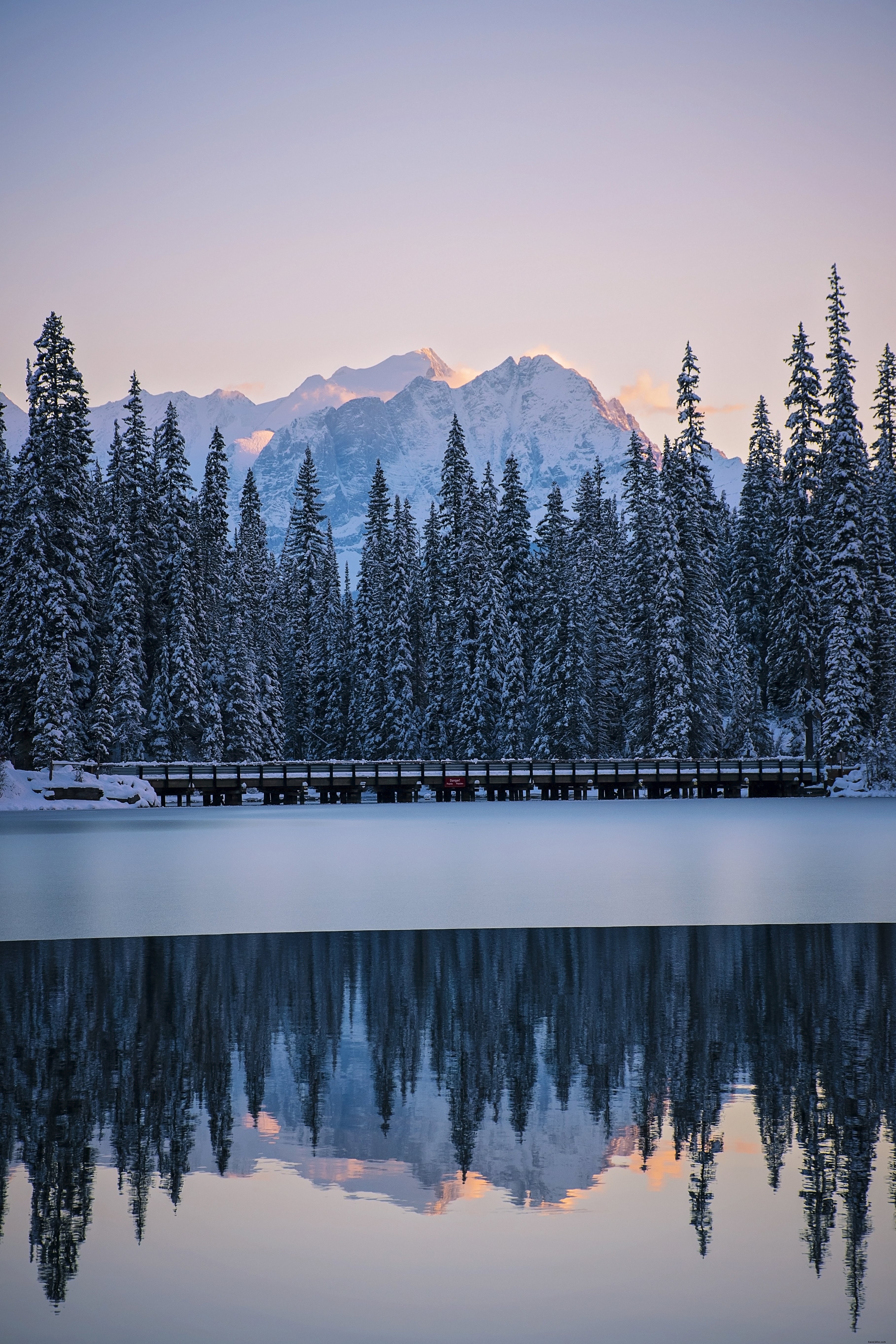 Breathtaking Photo: Frosty Pines Divide Frozen Lake from Majestic Mountains
