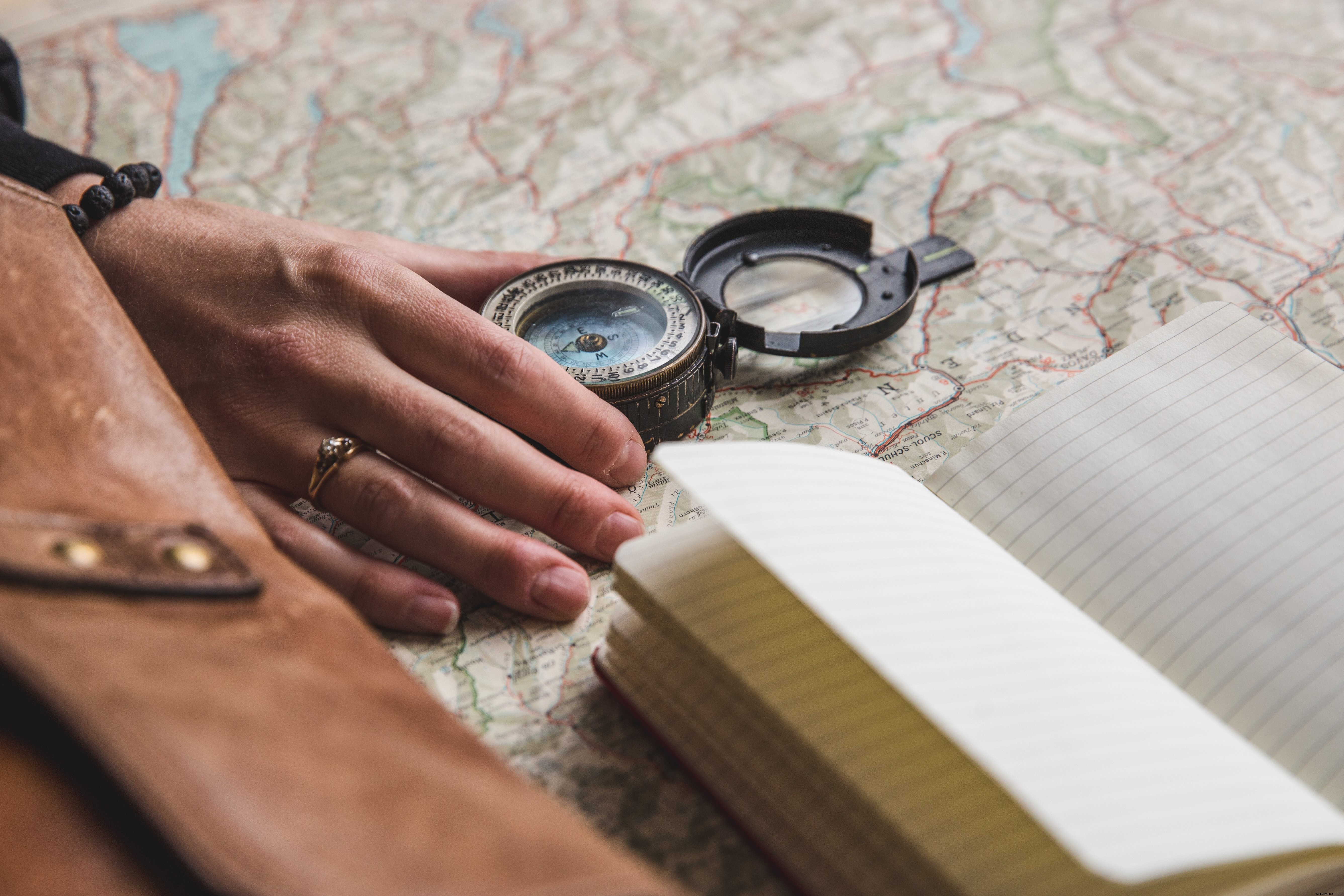 Confident Young Woman with Compass and Notebook - Adventure Stock Photo