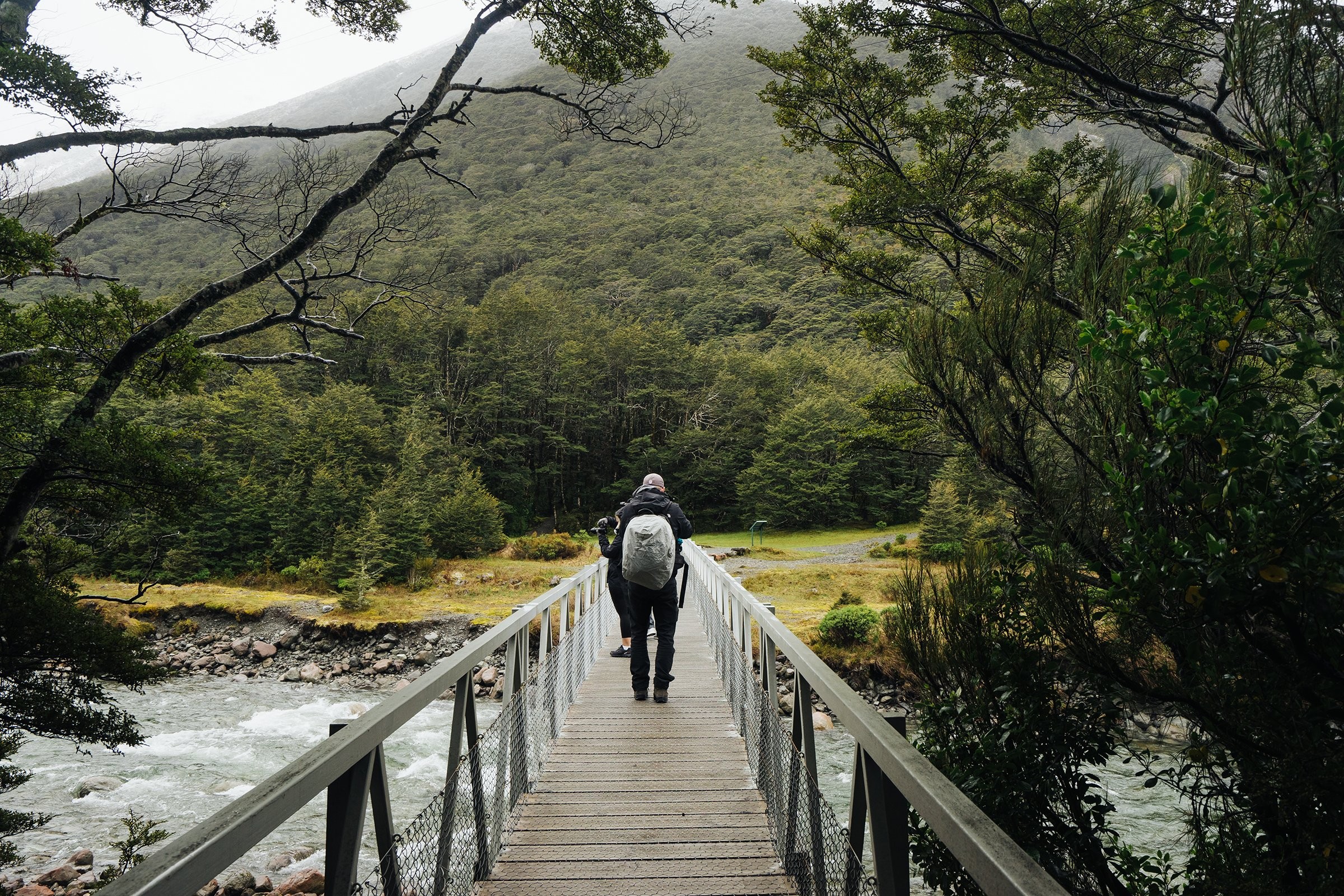 Thrilling Photo: Hikers Cross Rushing Rapids on Pedestrian Bridge
