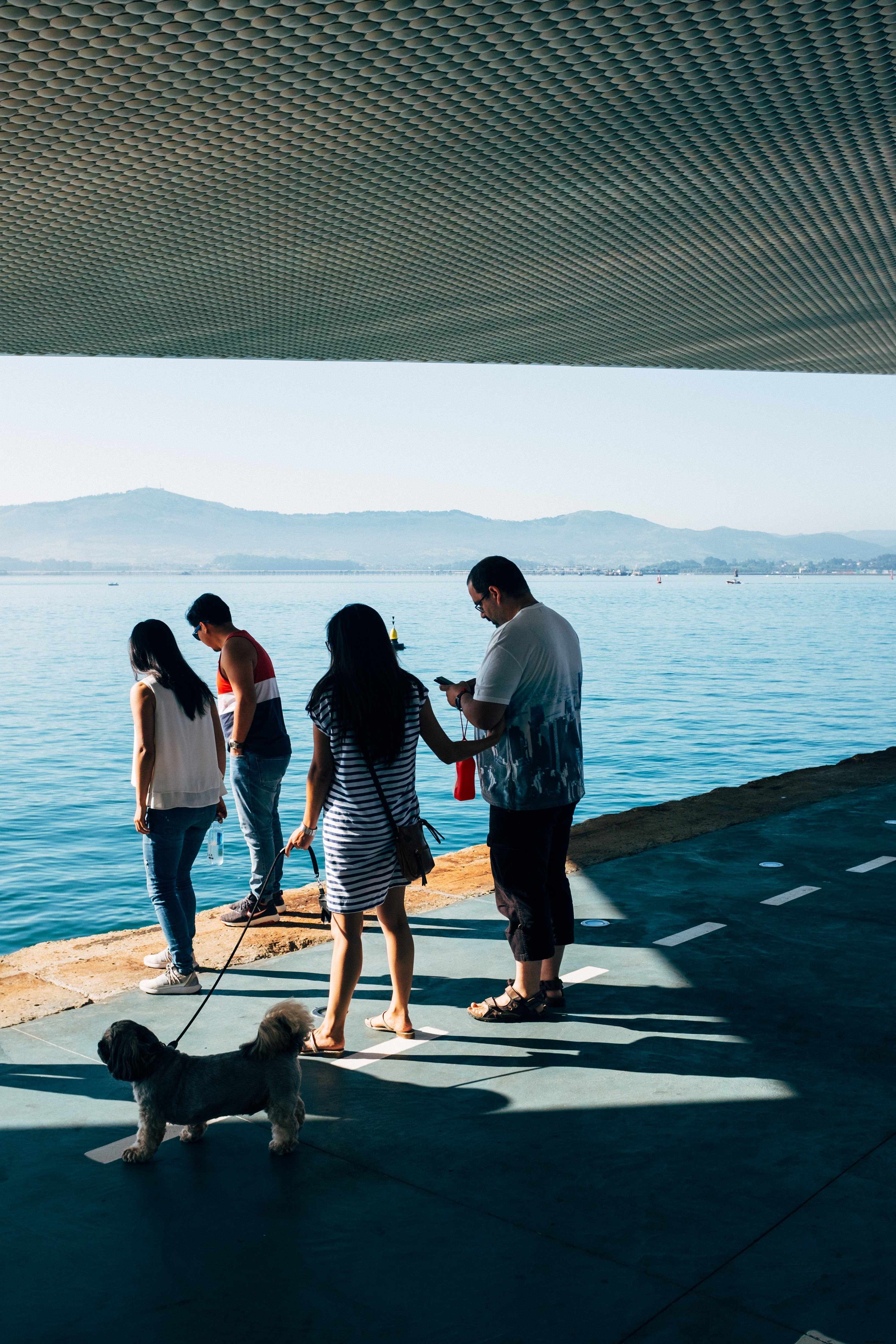 Family and Dog on Scenic Concrete Platform by the Water – Stunning Photo