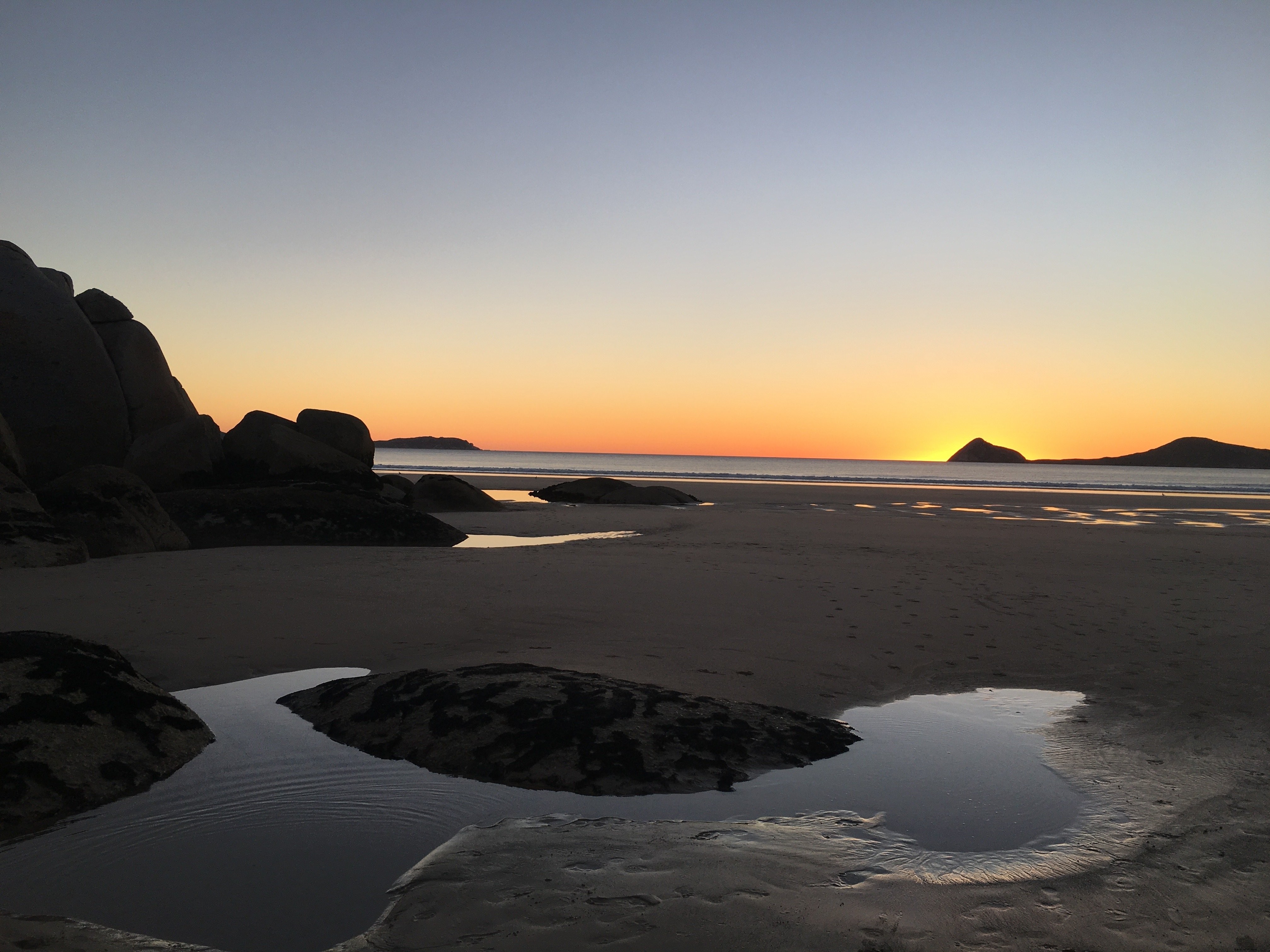 Stunning Sunset Reflections in Beach Puddles – Captivating Photo