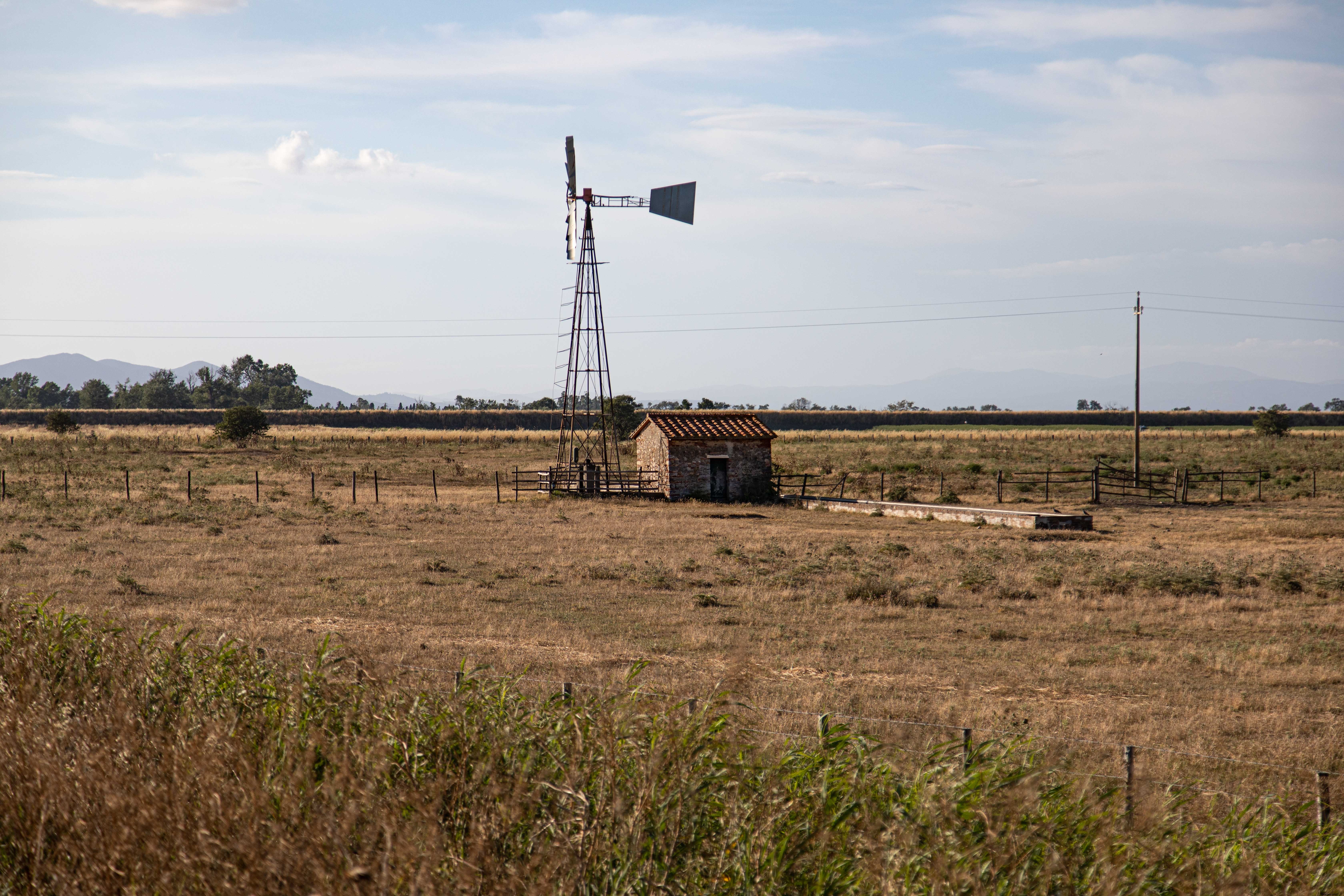 Scenic Rural Windmill and Outhouse Photograph