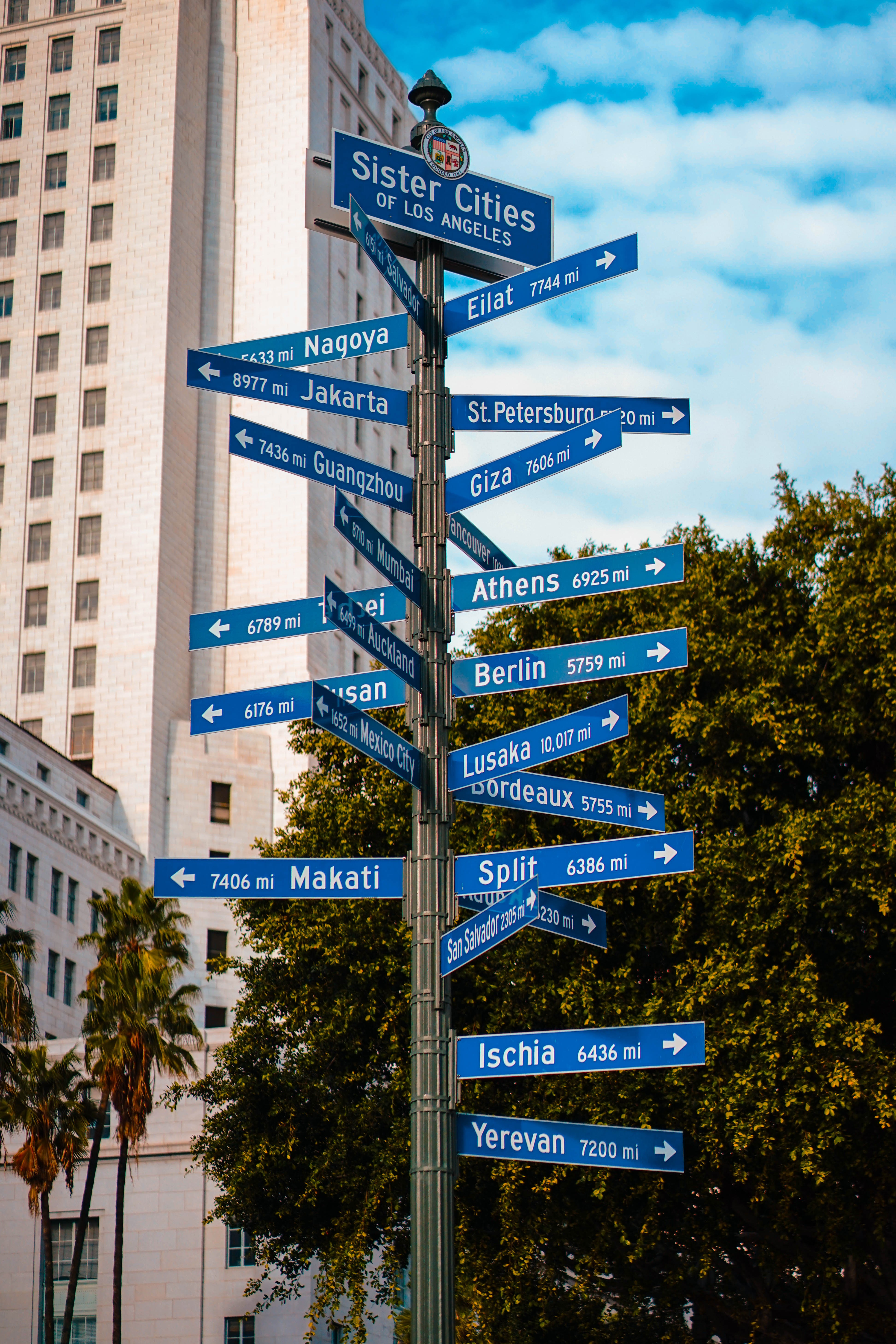 Captivating Photo: Metal Pole with Blue Directional Signs Pointing Everywhere