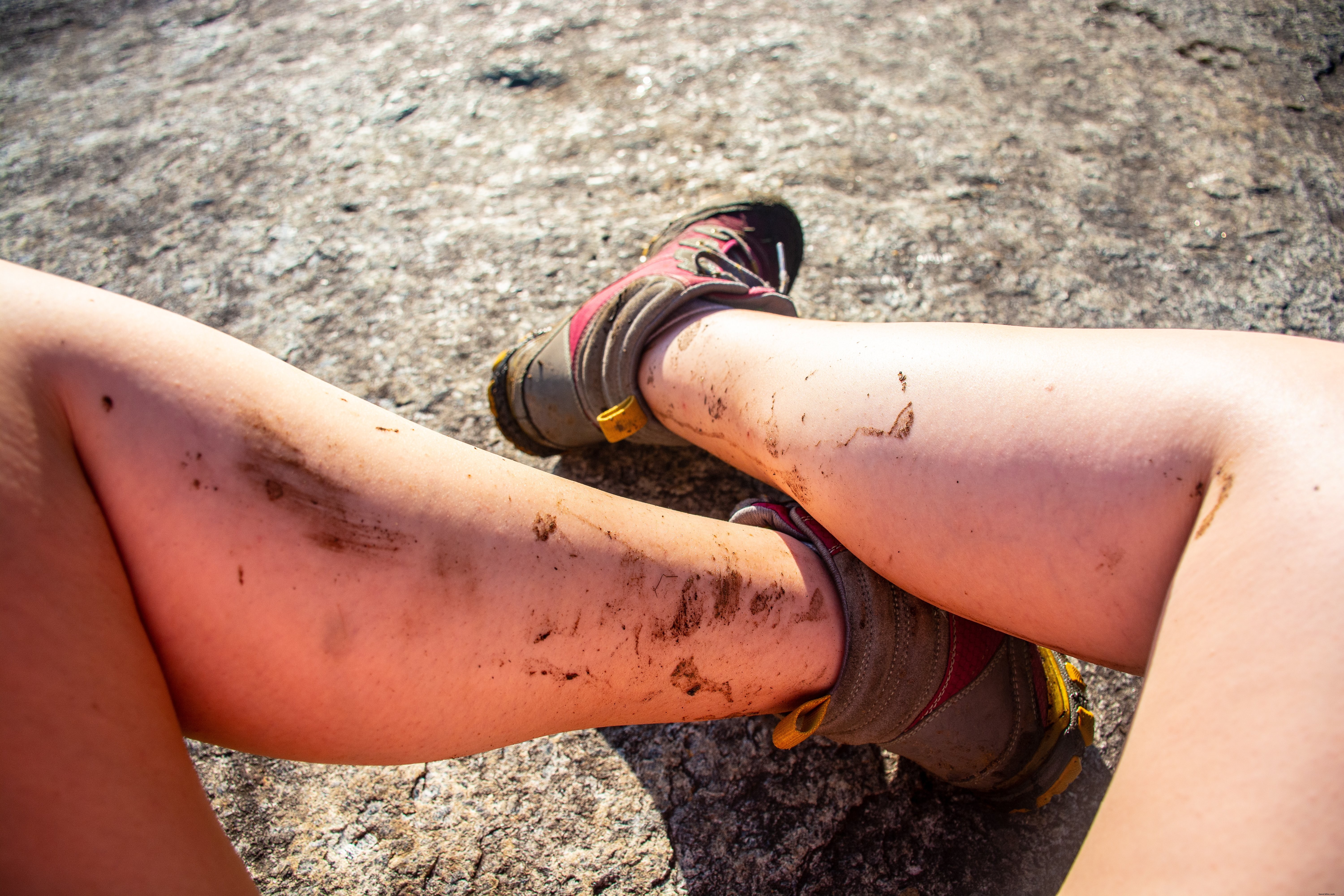 Muddy Legs of Female Hiker: Authentic Adventure Stock Photo