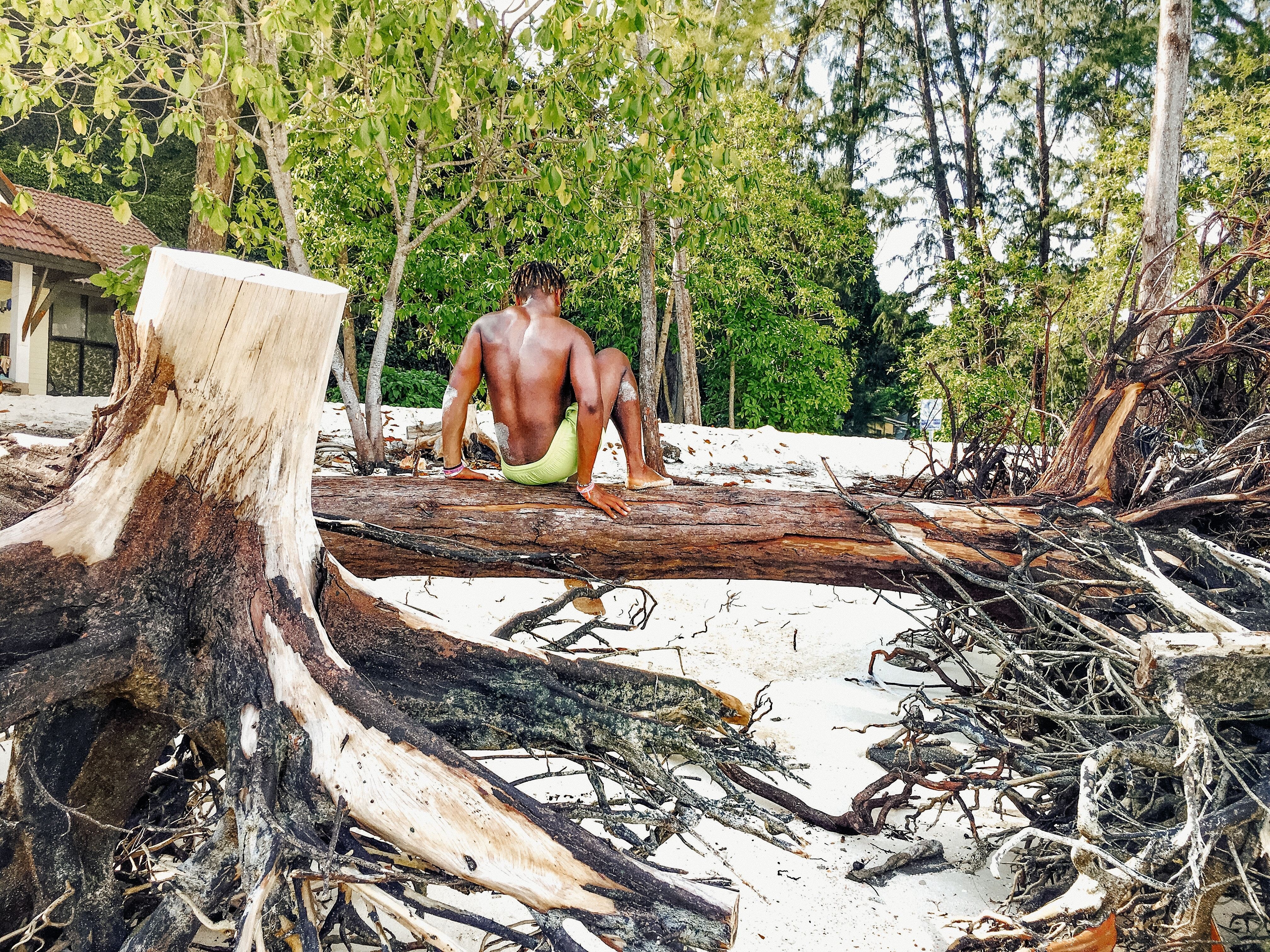 Captivating Photo: Young Man Resting on a Fallen Tree in Nature