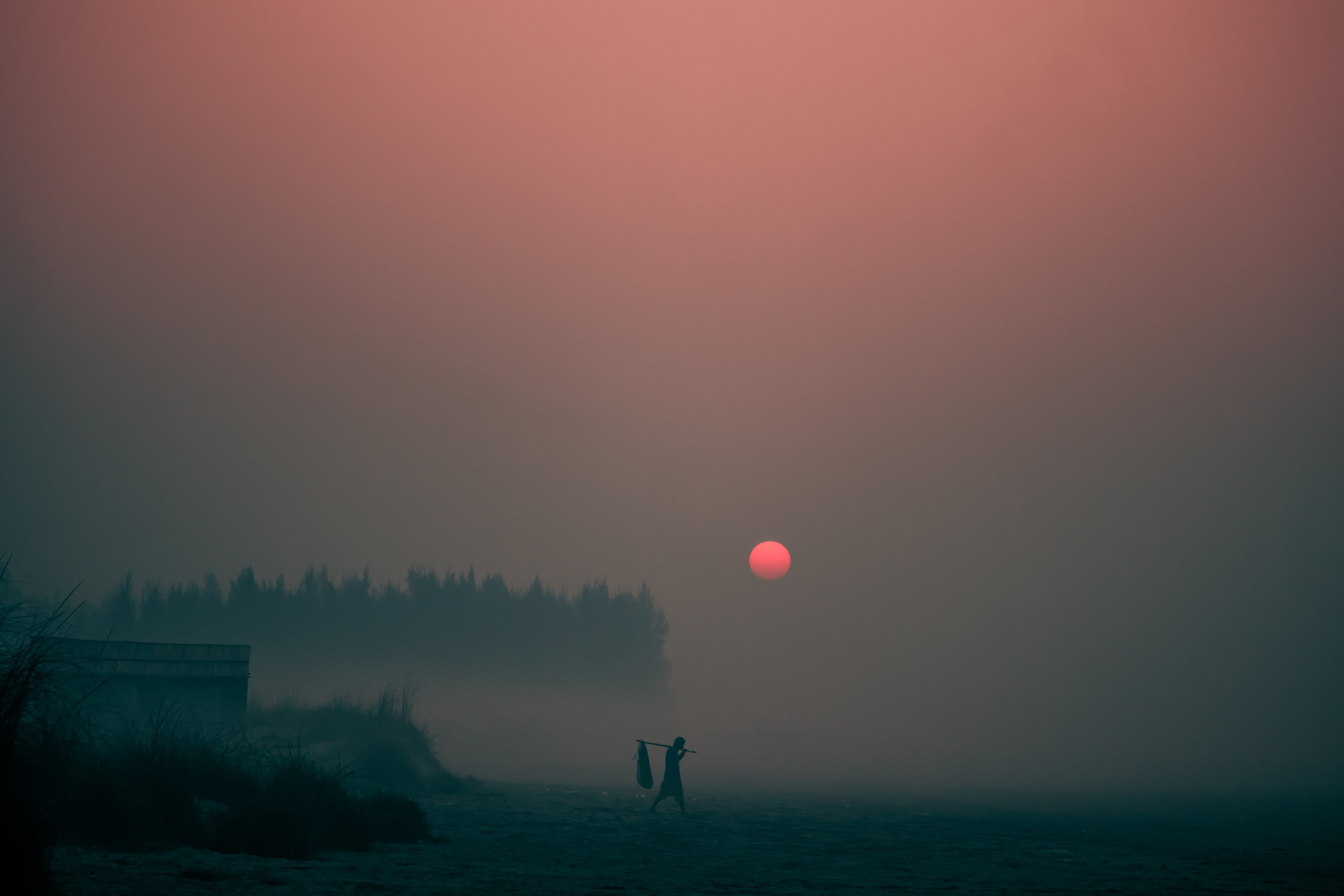 Breathtaking Sunset Piercing Thick Evening Fog – Stunning Photo