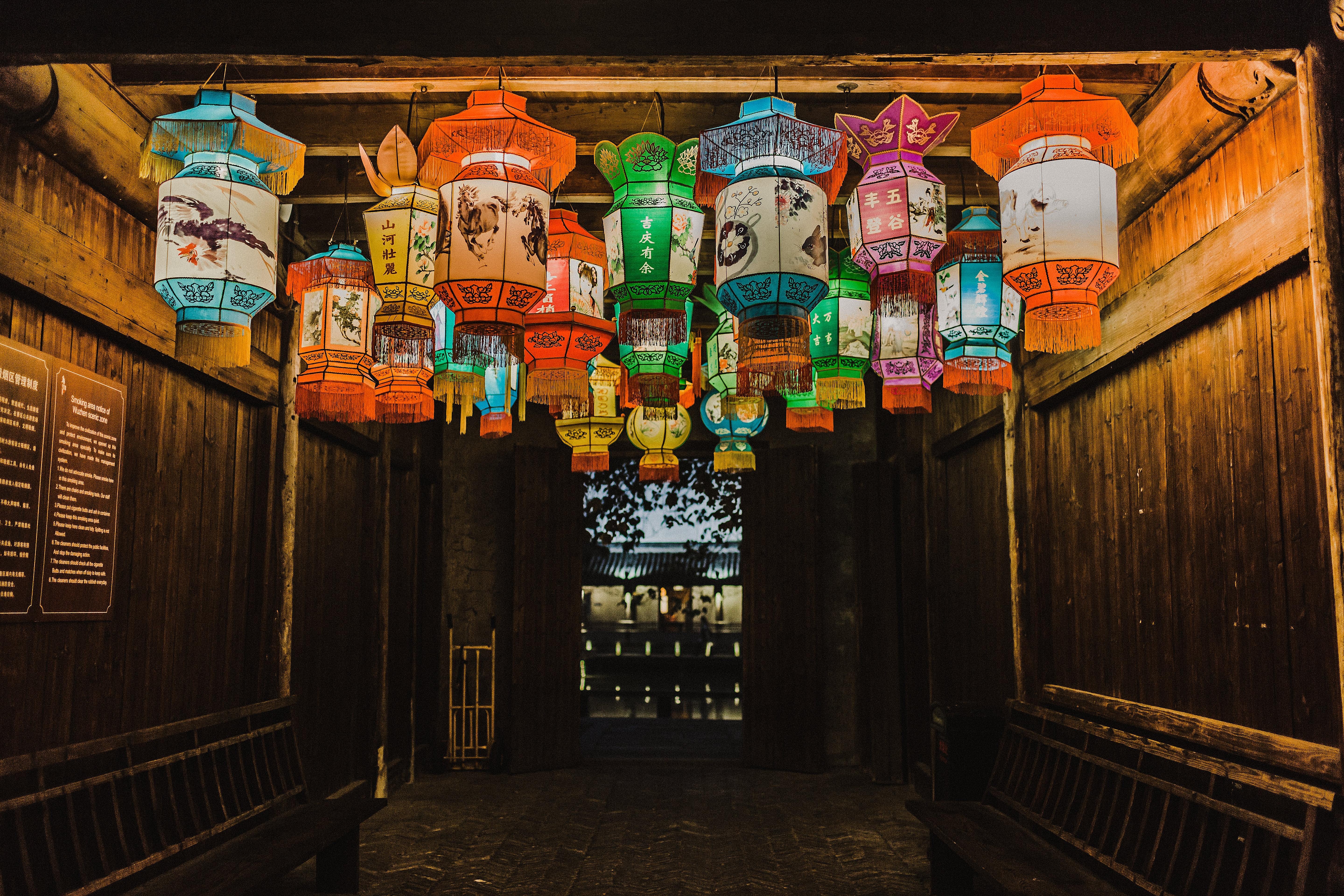 Vibrant Colorful Lanterns Hanging from the Ceiling - Stunning Photo