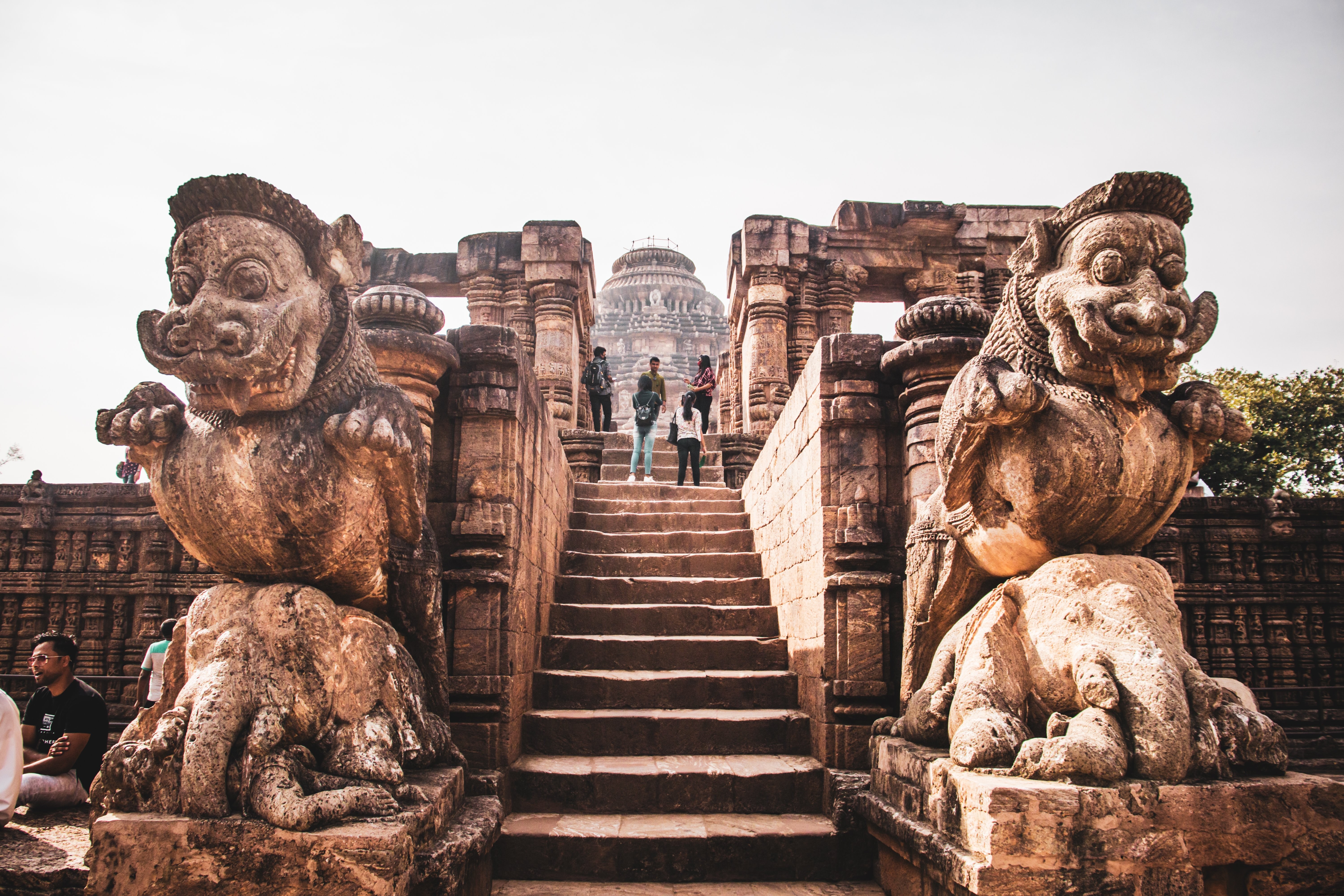 Stunning Photo: Twin Stone Sculptures Framing Central Stairs