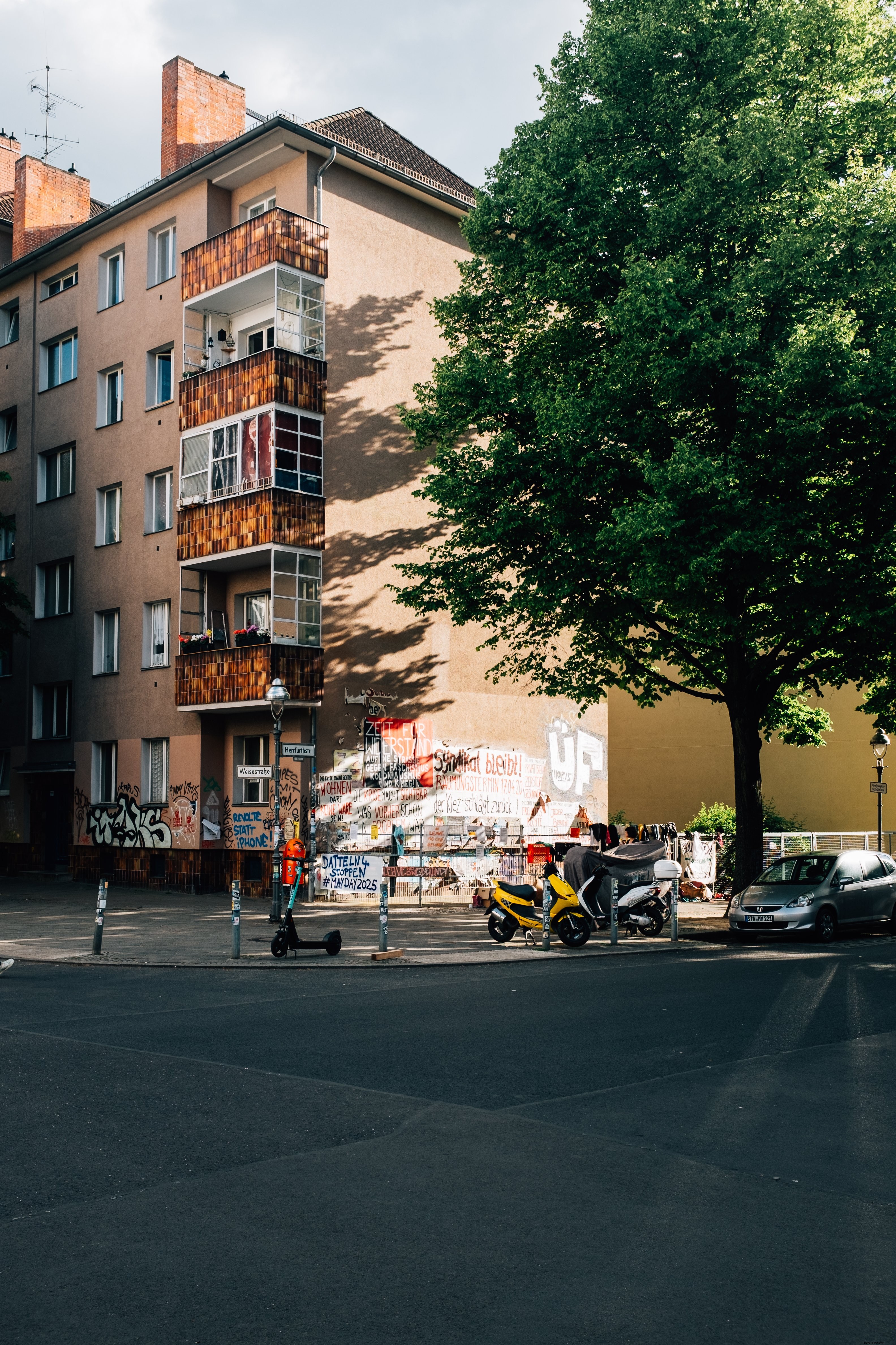 Vibrant Graffiti on Low-Rise Building with Majestic Green Tree – Stunning Urban Photo