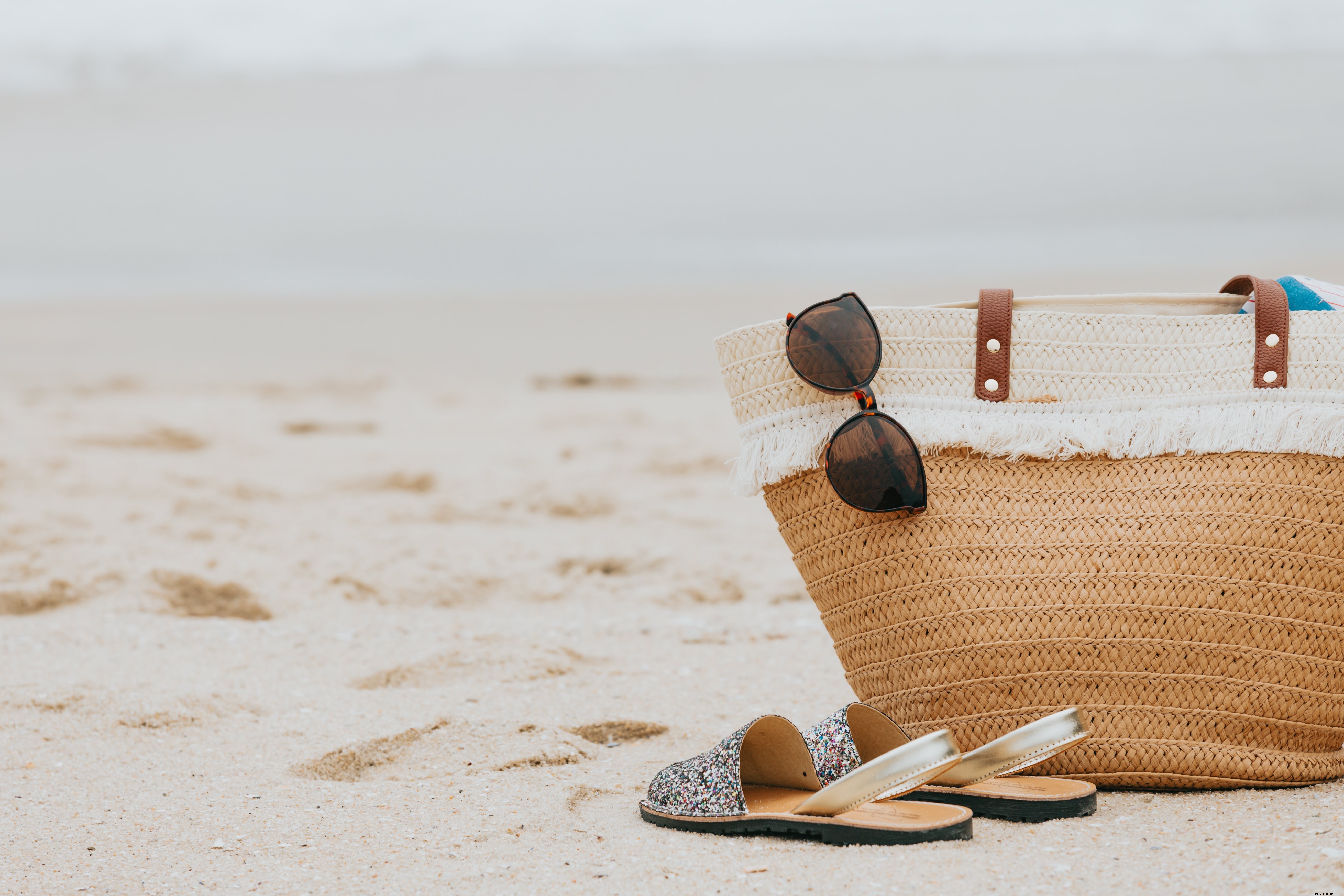 Stunning Sandy Beach Photo: Stylish Sandals, Sunglasses & Beach Bag
