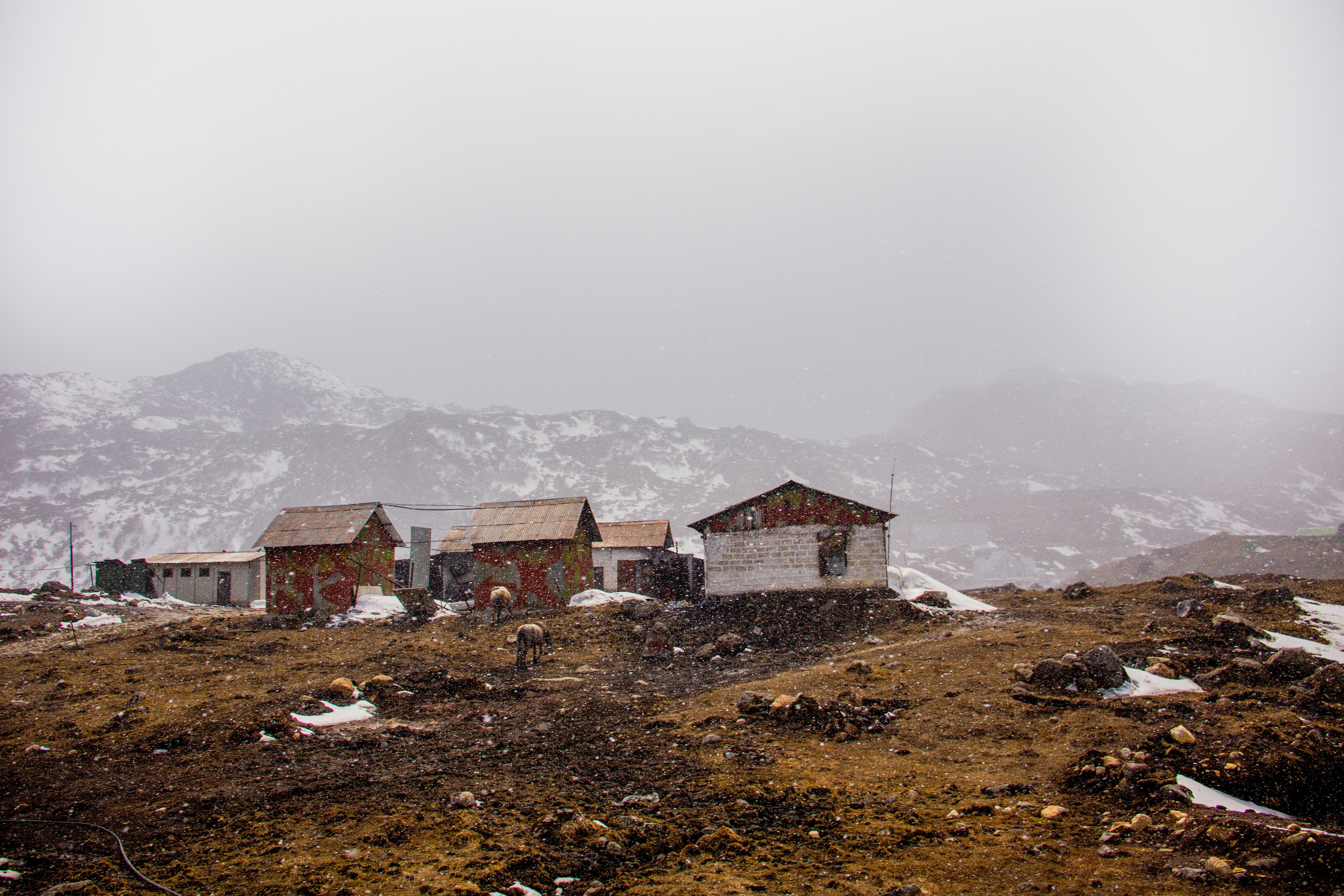 Cozy Cabins on a Snow-Dusted Brown Hill – Stunning Winter Landscape Photo