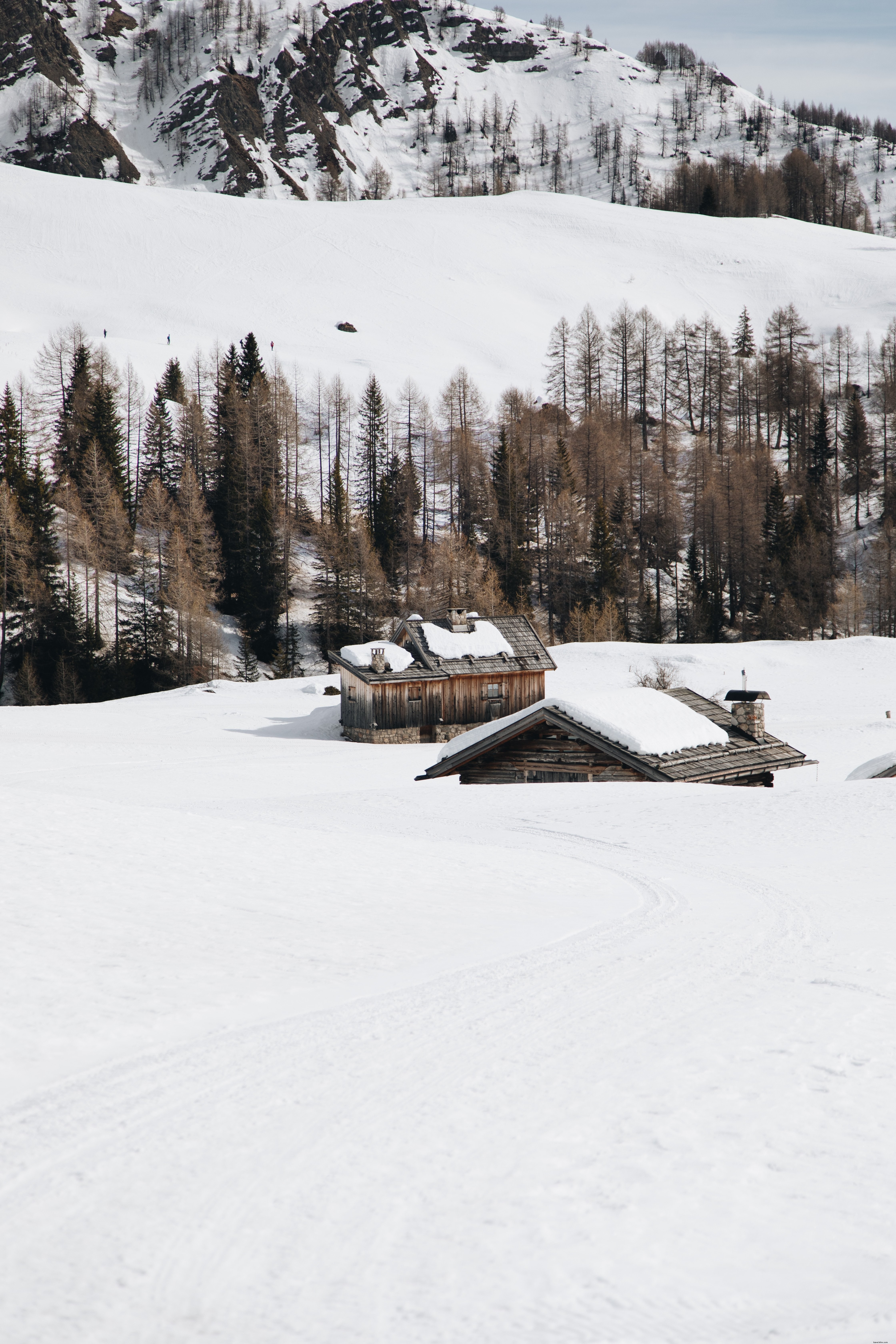 Stunning Photo of Two Wooden Cabins in Snowy Landscape