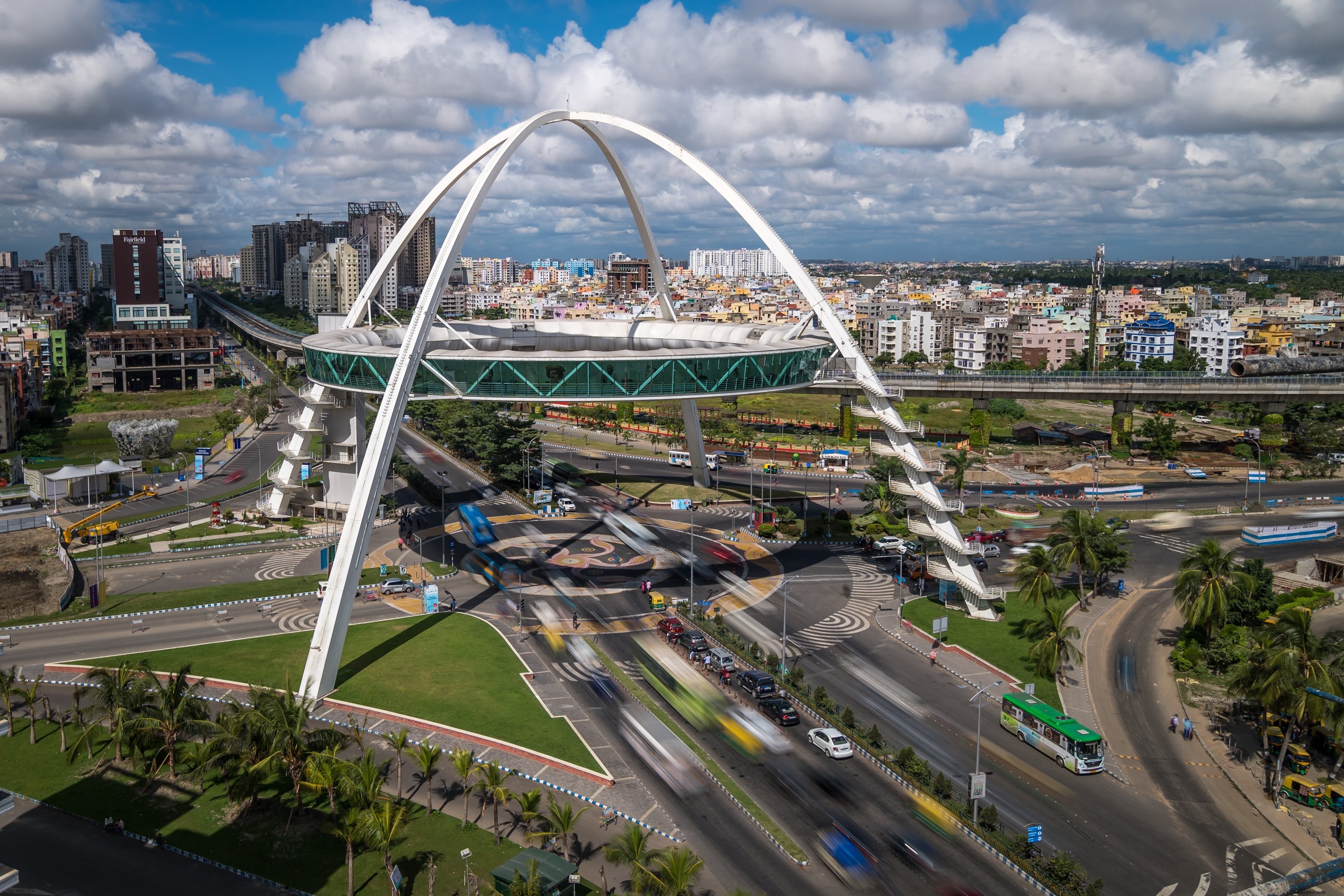 Stunning Long Exposure Photo of Roundabout Under Dramatic Overhead Structure