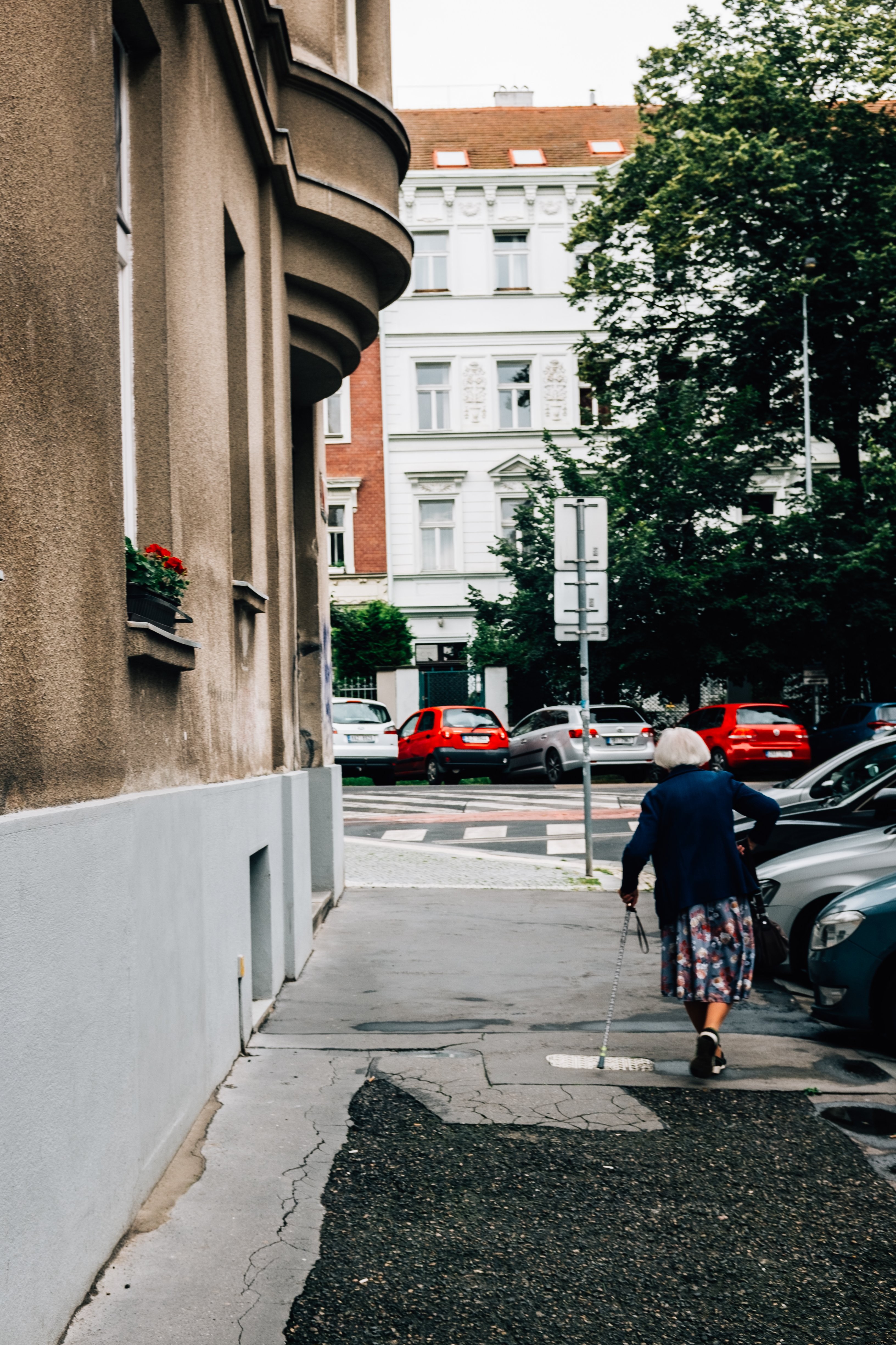 Senior Walking Confidently on Sidewalk with Cane – High-Quality Stock Photo