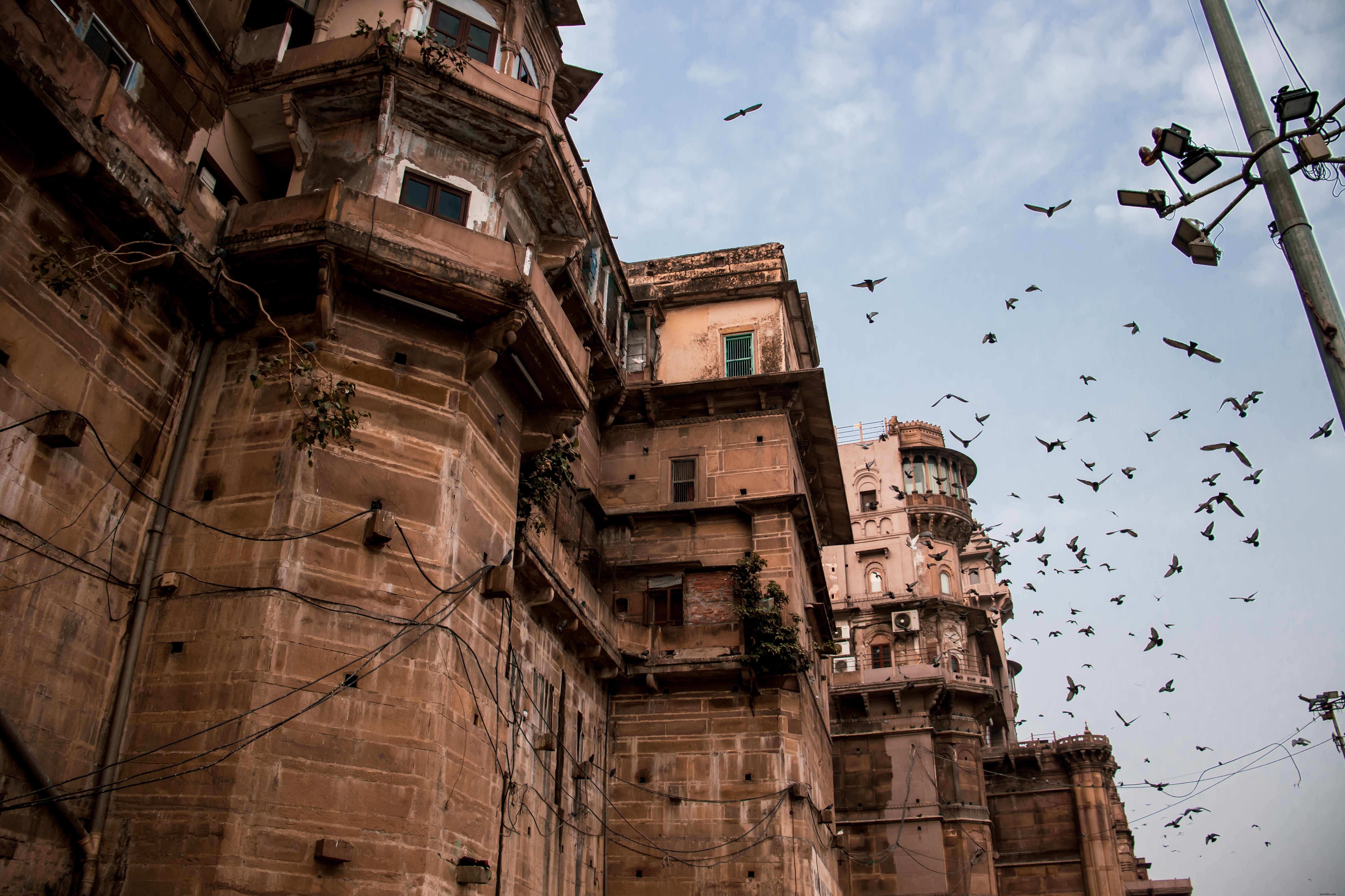 Stunning Rust-Colored Building with Birds Soaring Under Vibrant Blue Sky