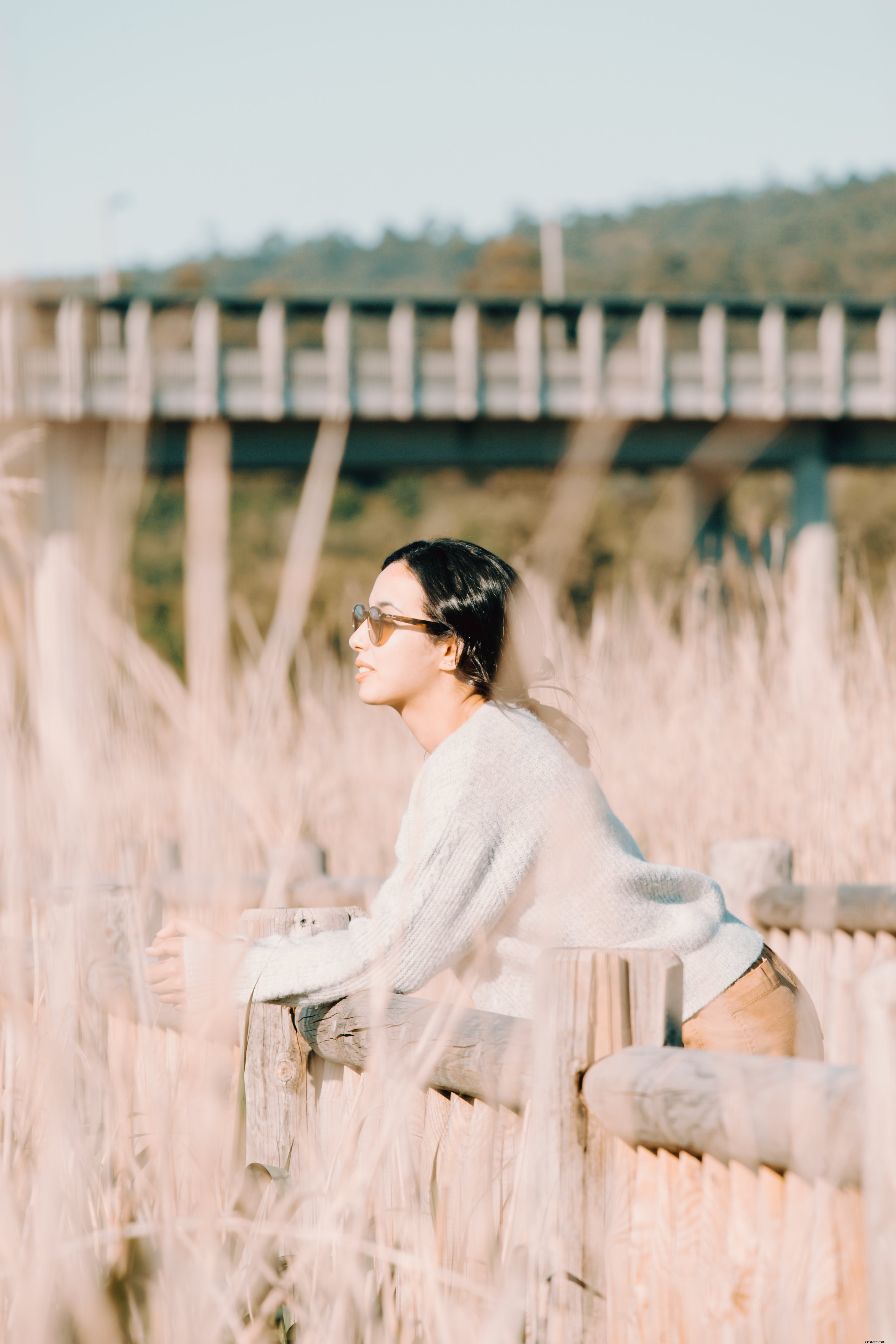 Serene Outdoor Moment: Woman Resting on a Wooden Fence