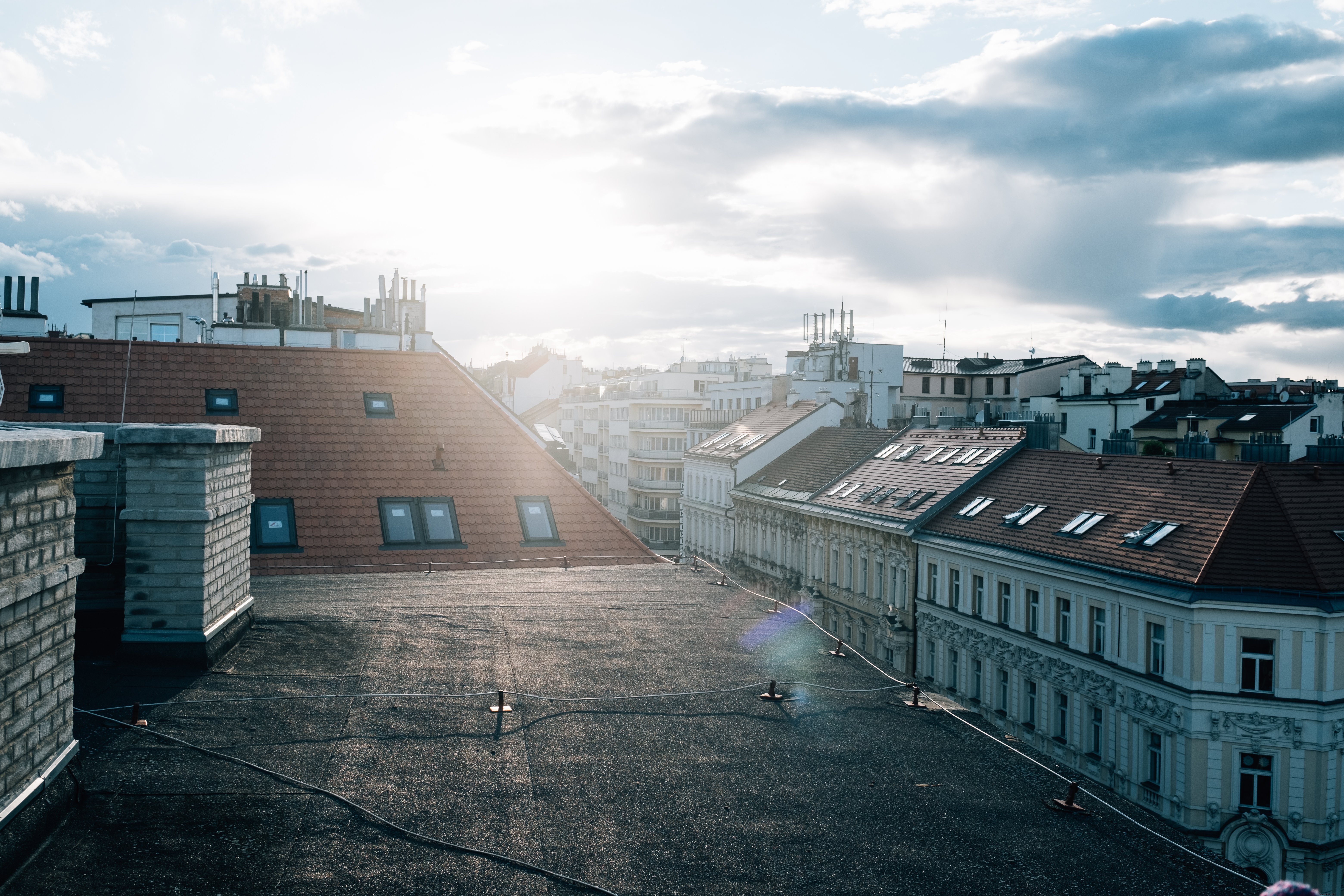 Stunning Flat Rooftop View of Urban Building in Soft Haze