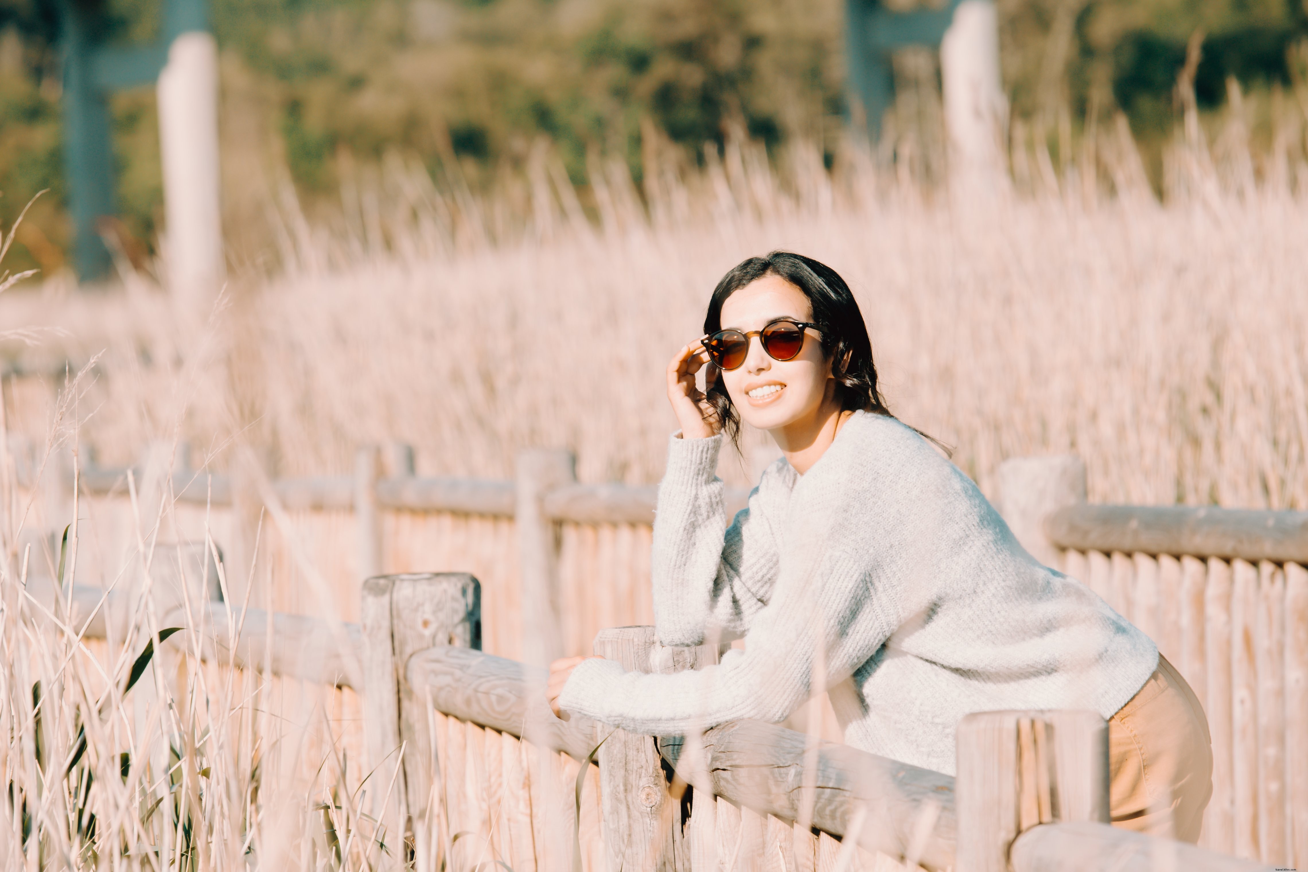 Woman in Sunglasses Leaning Against a Wooden Fence - Elegant Outdoor Portrait