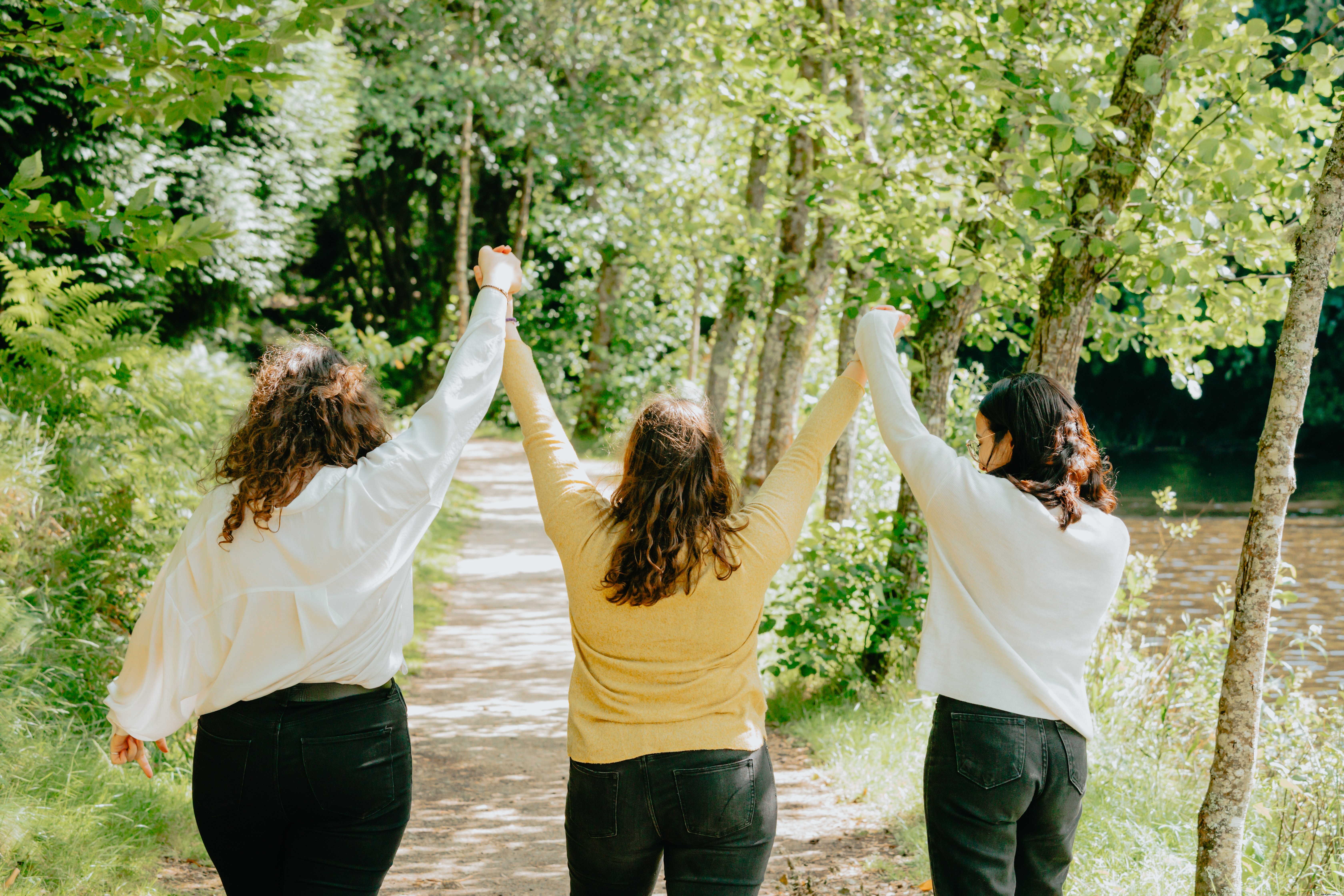 Three Hikers Raise Their Hands on a Forest Trail