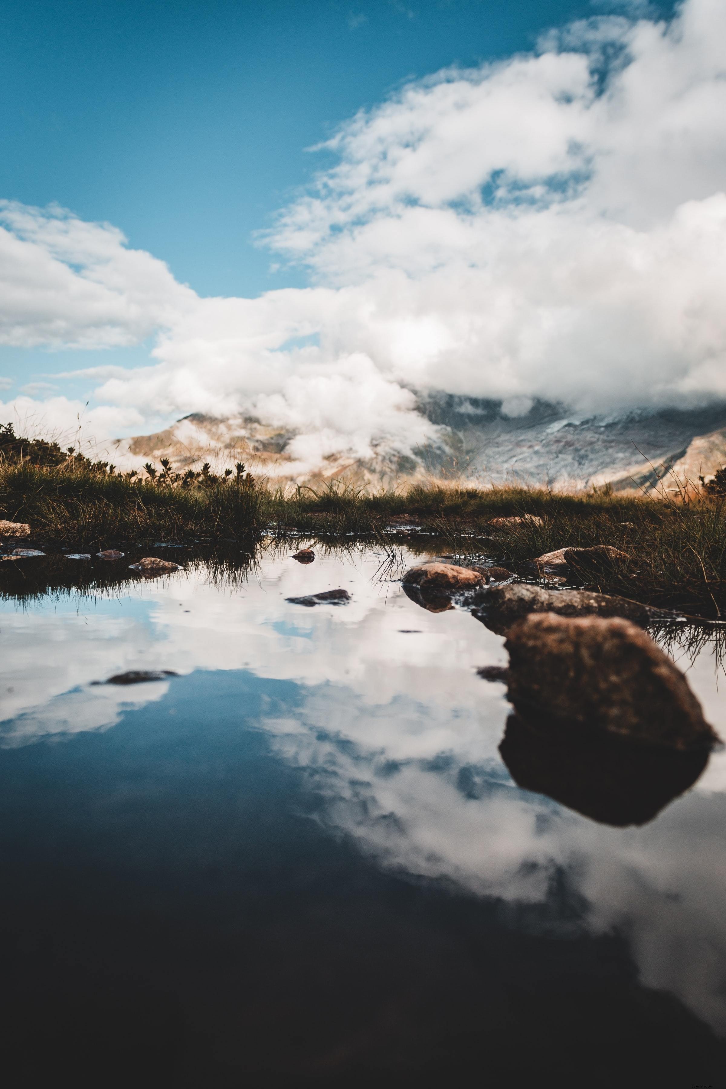 Tranquil Landscape: Water Reflects Clouds and Blue Sky, Surrounded by Lush Grass