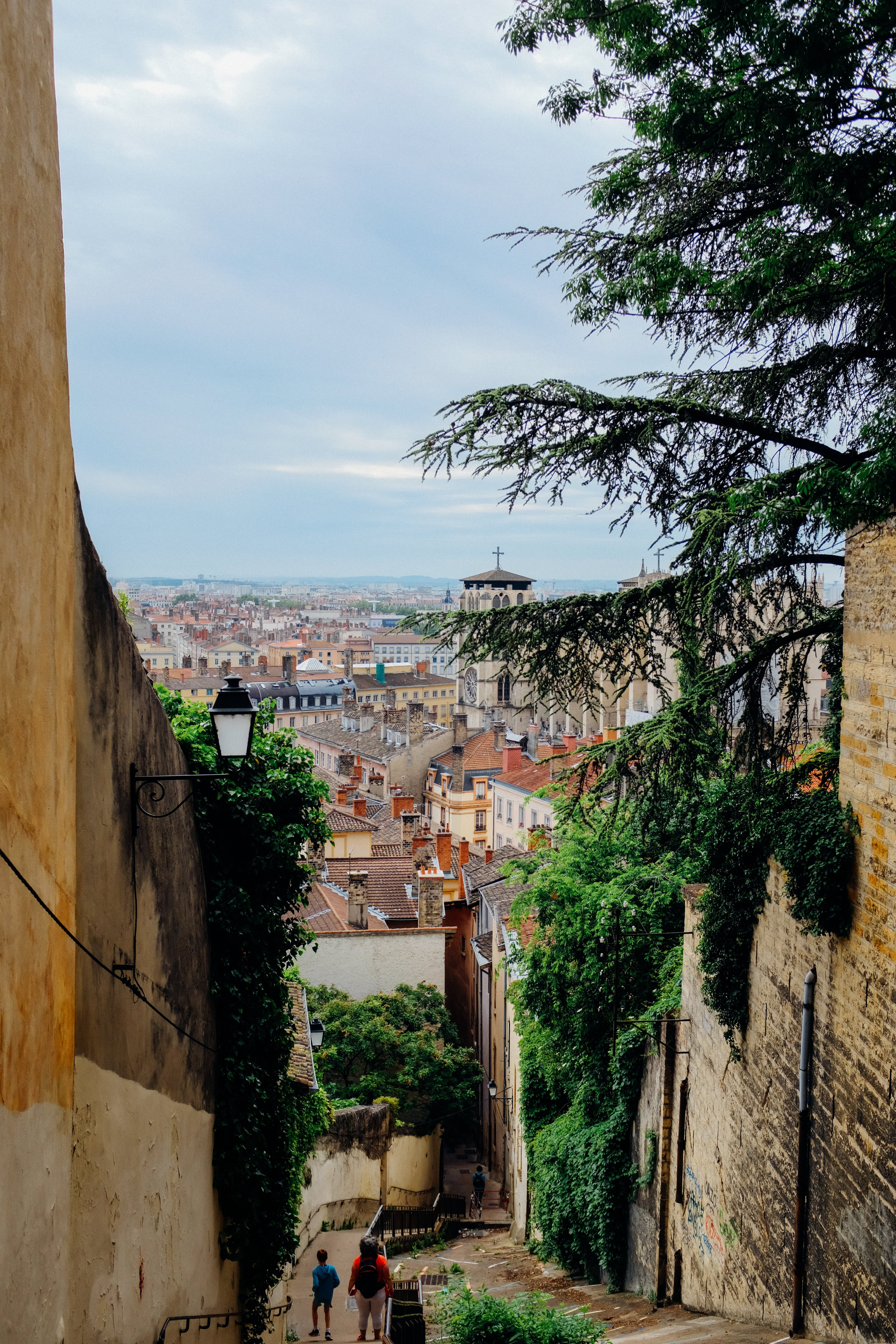 Stunning View of a City from the Top of a High Staircase