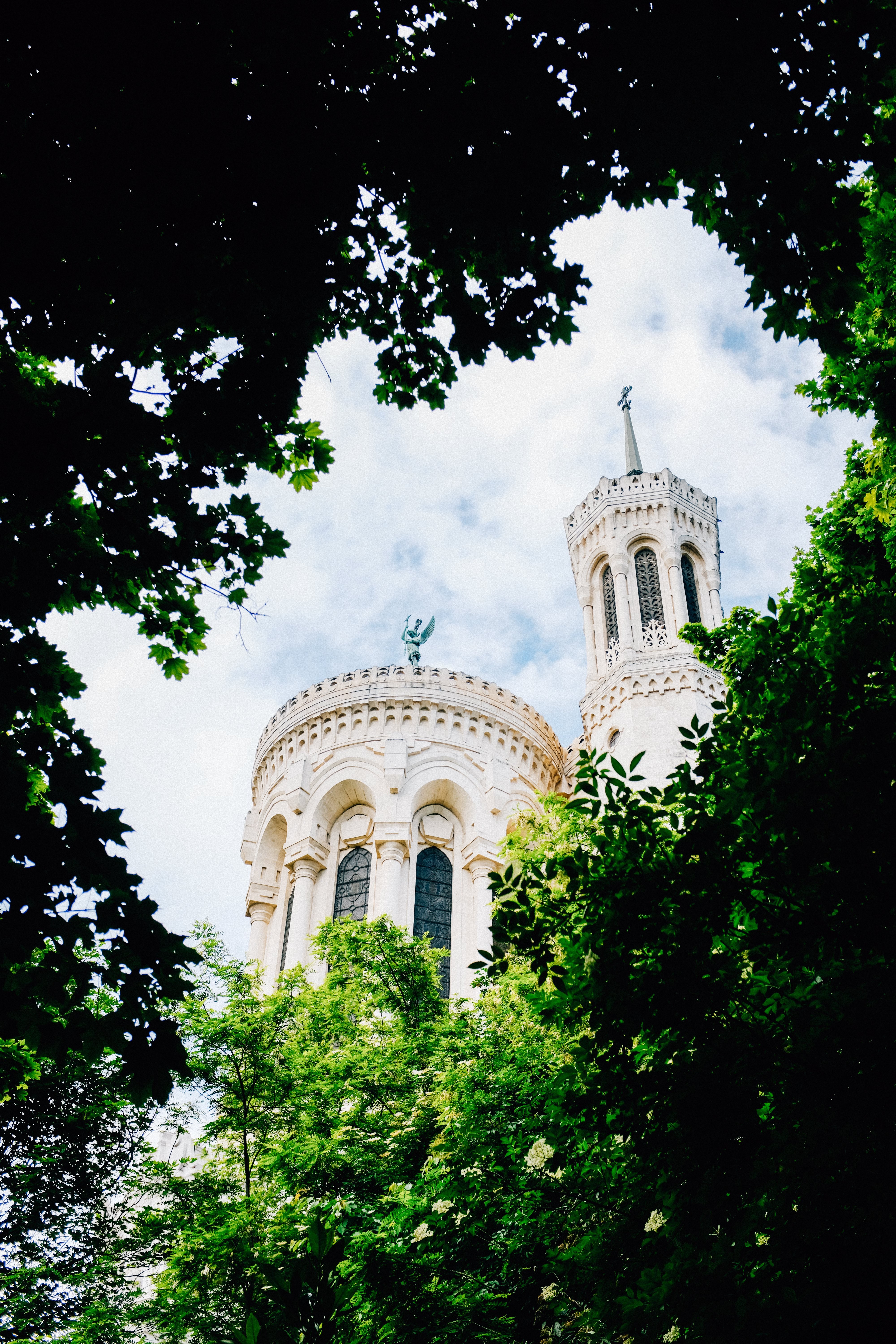Stunning White Circular Building Surrounded by Lush Green Tree Branches