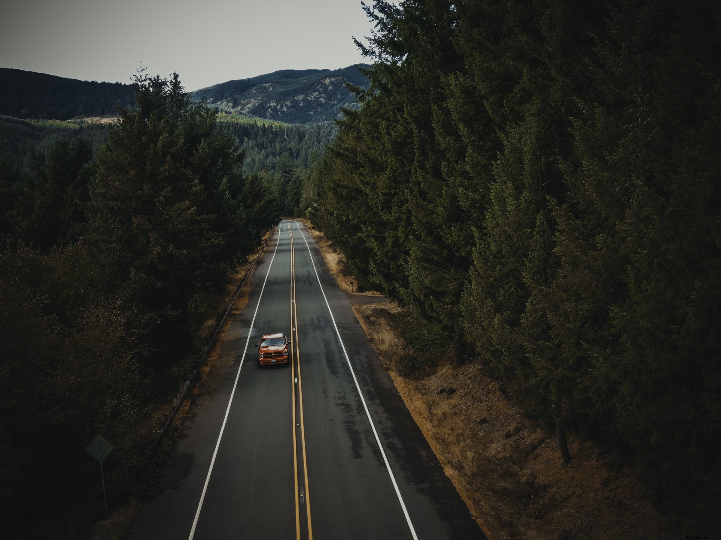 Stunning Shot of an Orange Car Cruising Down a Scenic Country Road