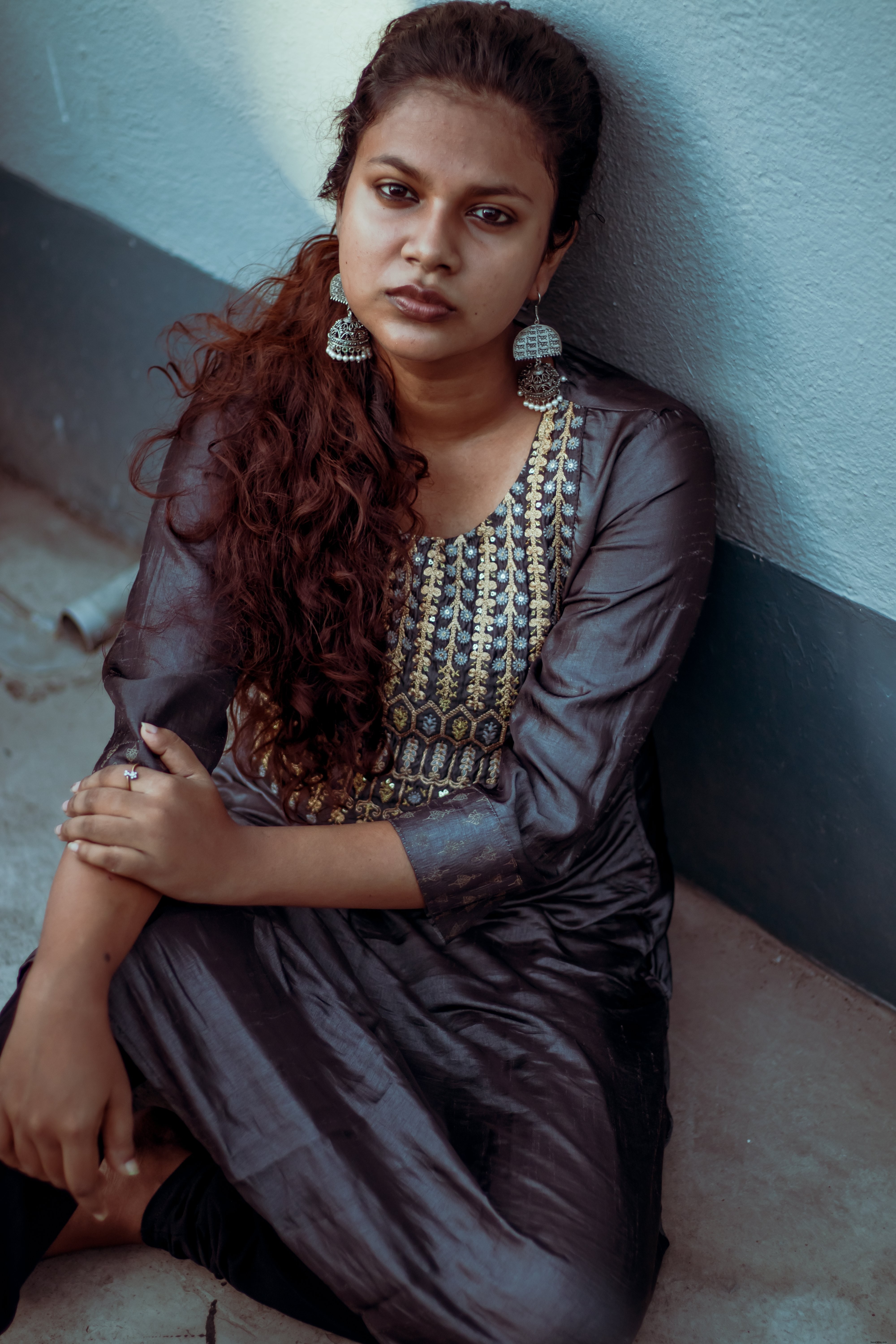 Portrait of a Woman Gazing Upward Toward the Camera